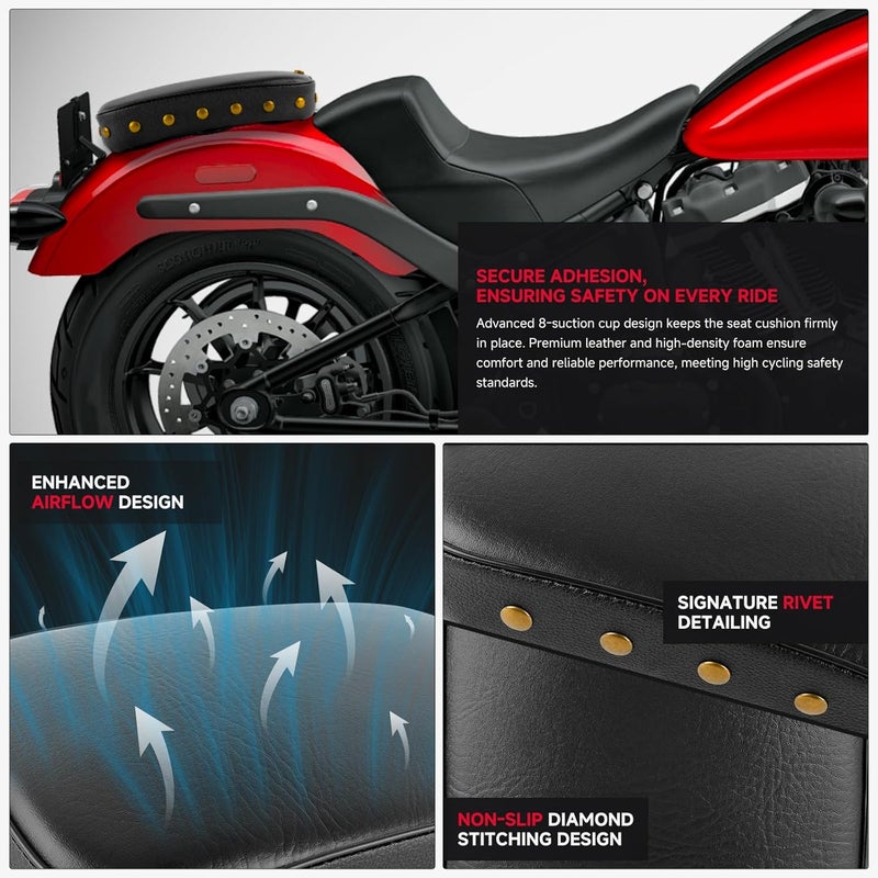 DREAMIZER Universal Black Motorcycle Solo Passenger Seat Rear Cushion 8 Suction Cups Compatible with Harley Davidson Sportster XL 883 1200 Forty Eight Dyna Chopper Bobber Custom (Black-Vintage) - Image 2